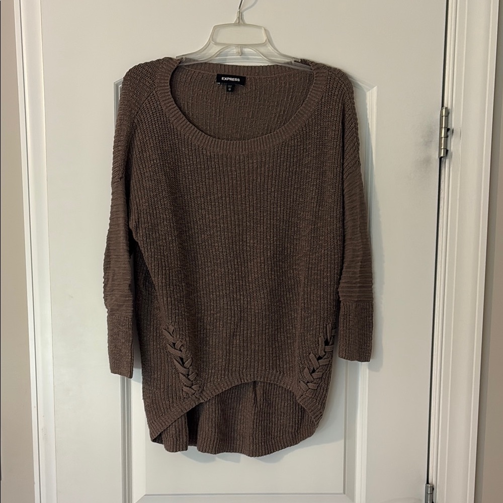 Express Brown Crew Neck Sweater with Asymmetrical Hem